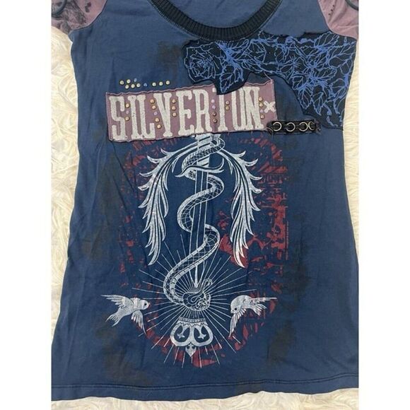 Libertalia Vintage Grunge Women’s Studded Embellished Blue Graphic T-shirt Large - Picture 7 of 10